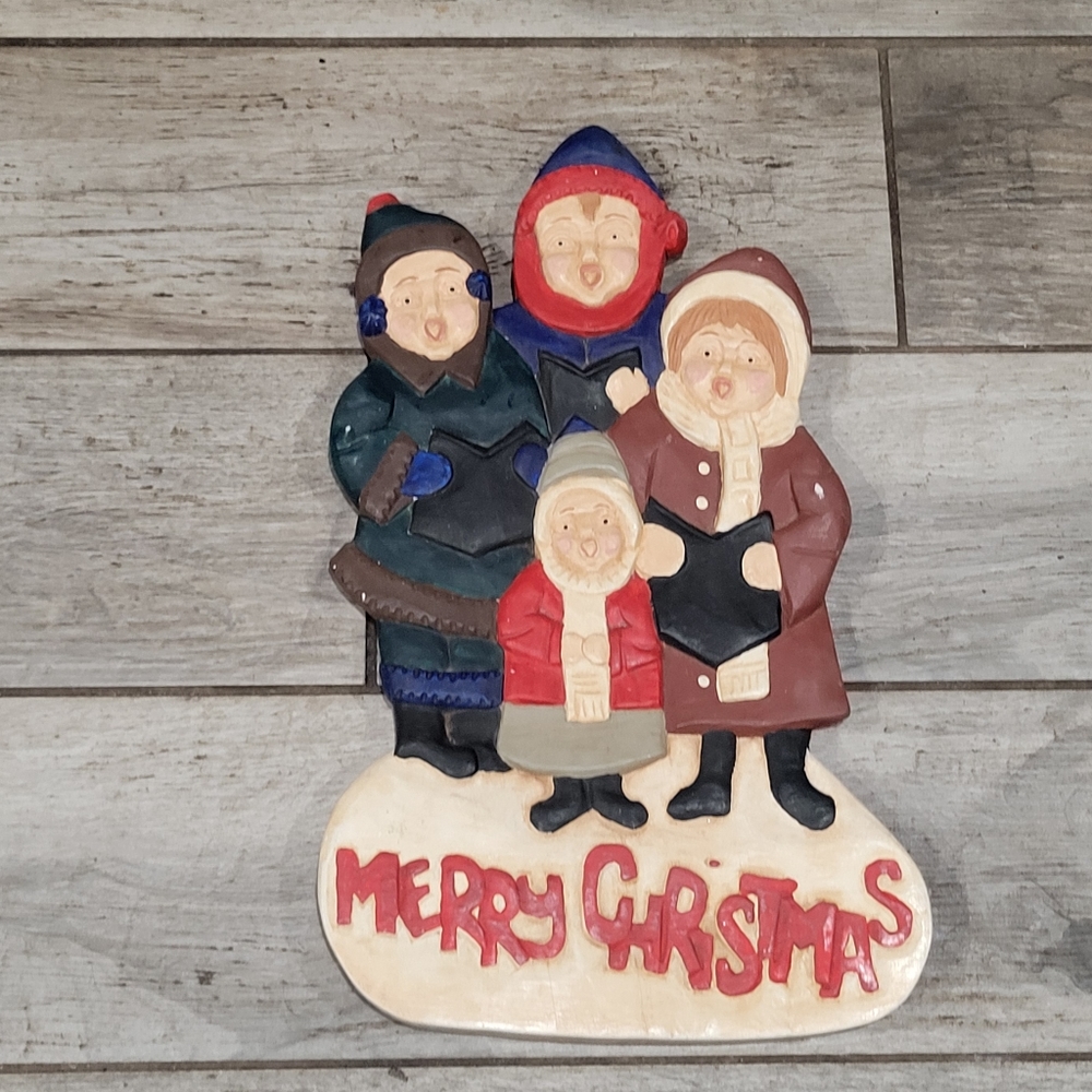 Vintage hand carved Wood hanging  plaque of Christmas Carolers HTC